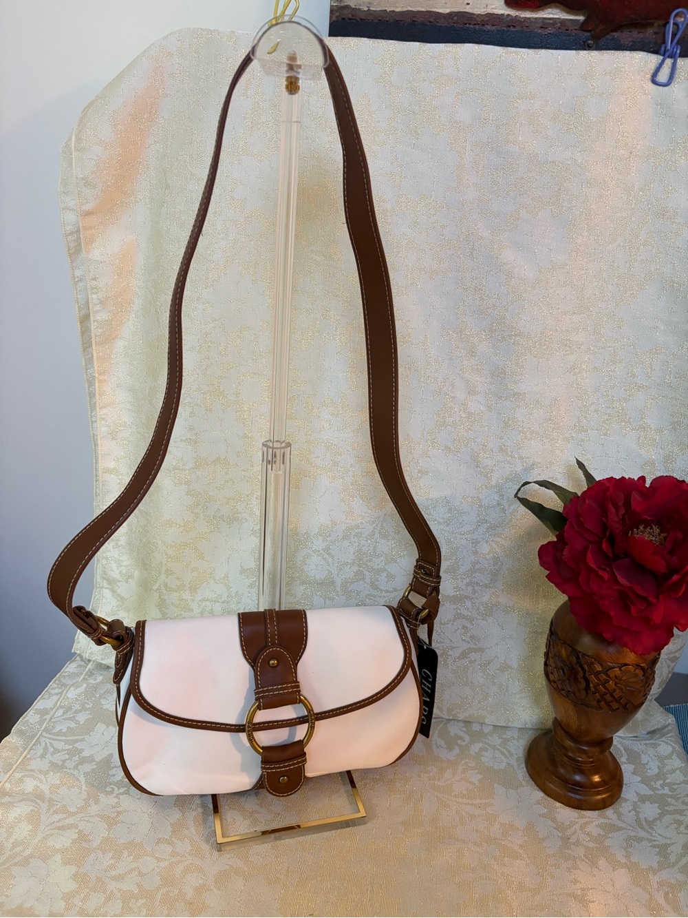 Chaps Stony Brook White Shoulder Bag with Brown Faux Leather Trim NWT